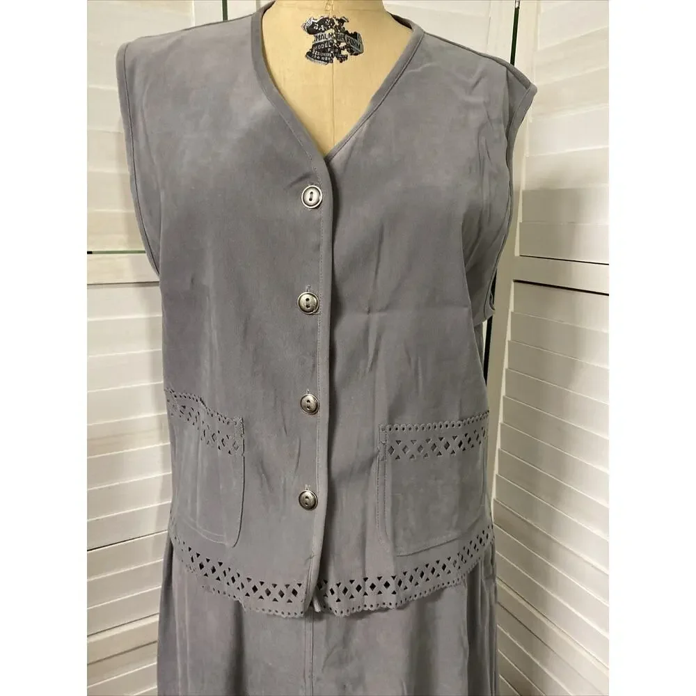 Women’s Napa Valley 2 Piece Gray Top & Skirt Matching Set Sz Large Polyester